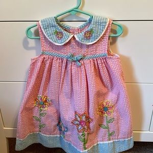 Spring dress -pink and blue check seer sucker with embroidered flowers. Size 3t.